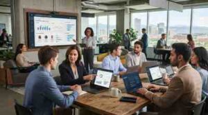 Employees participating in AI powered workplace training in a modern Denver office.