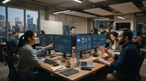 Developers and IT managers using AI Integration Tools in a modern enterprise office.