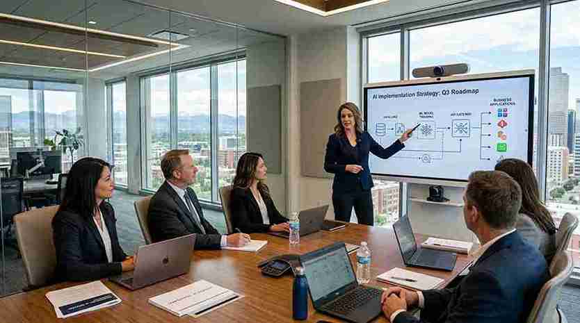 AI integration company Denver presenting AI implementation strategy to business leaders